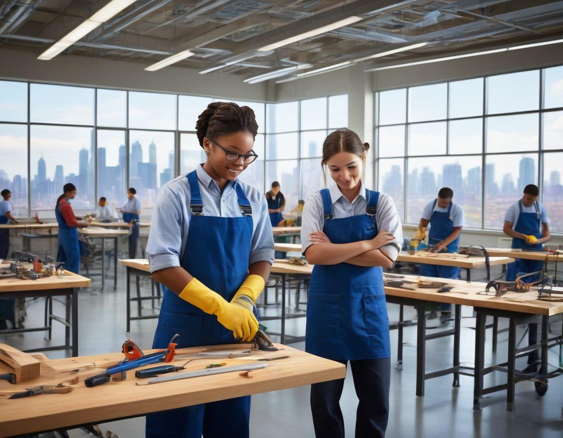 A dynamic classroom scene where students engage in hands-on vocational training, with tools and equipment reflecting various trades like carpentry, plumbing, and electronics. A mentor guides them, showcasing a strong connection between education and practical skills. In the background, a pathway leads towards a bright future symbolized by a skyline of thriving industries. Bright colors and lively expressions illustrate enthusiasm for learning and career success. super-realistic. vibrant colors. 3D.